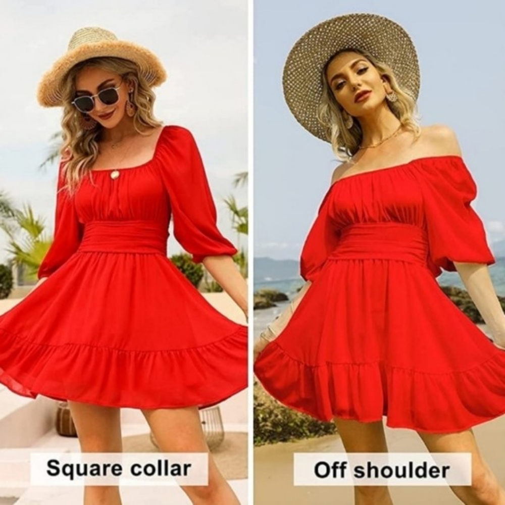 🌞Lantern Sleeve Tie Back Dress Ruffled Off Should - Picture 2 of 5